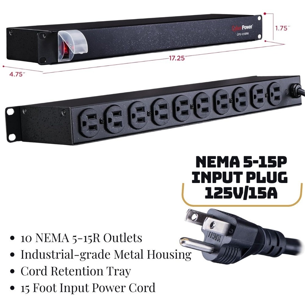 CyberPower CPS1215RM Rackmount Surge Protector, 120V/15A, 10 Outlets, 15 ft Pow